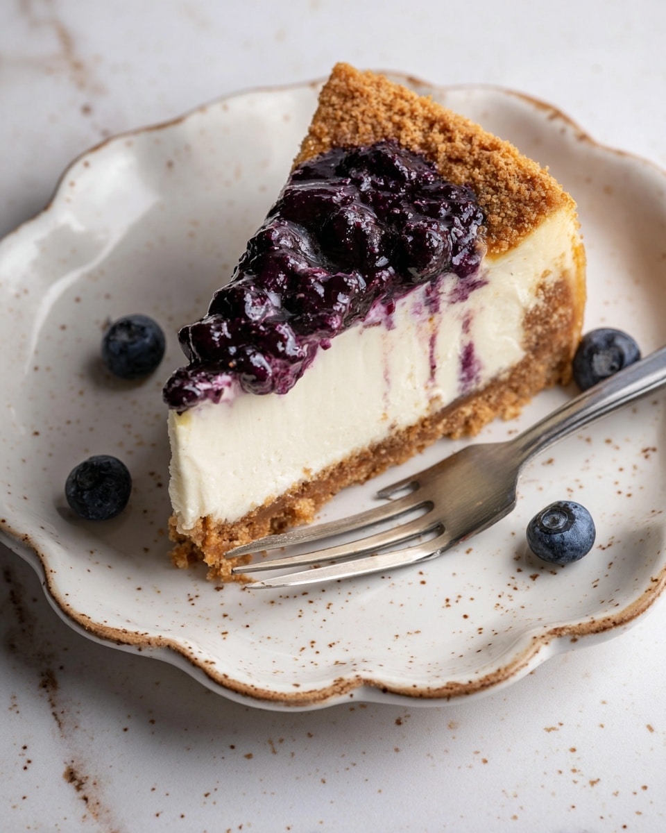 A slice of cheesecake sits on a white plate with scalloped edges and brown speckles. The cheesecake has three visible layers: a thick, crumbly golden-brown crust on the bottom and sides, a thick creamy white middle layer, and a top layer scattered with dark purple blueberry topping that looks glossy and slightly chunky. A silver fork rests on the right side of the plate, with its prongs touching the cheesecake. A few whole blueberries are placed casually around the plate on a white marbled surface. Photo taken with an iphone --ar 4:5 --v 7