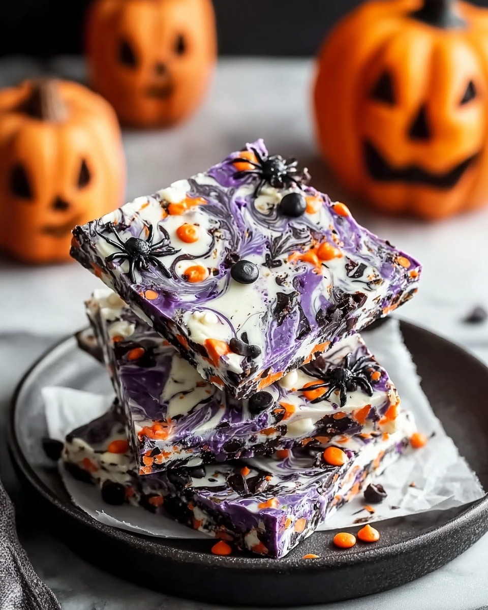 A stack of four square chocolate bark pieces sits on a crumpled piece of brown parchment paper on a white marbled surface. Each bark piece has a dark chocolate base with swirls of purple and white candy melted on top, creating a marbled effect. Small orange candy shapes resembling pumpkins and thin orange sprinkles are scattered over the bark, adding pops of color. In the blurred background, two orange pumpkin decorations add a Halloween theme. The photo is taken with an iphone --ar 4:5 --v 7