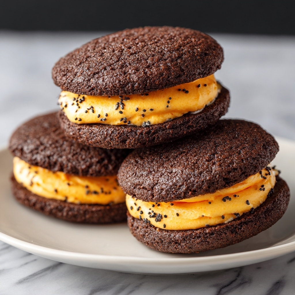 The image shows three dark brown chocolate cookies stacked on a white plate. Each cookie has two smooth, round layers with a bright orange cream filling in the middle, sprinkled with small black poppy seeds on the cream edges. The texture of the cookies looks soft and slightly cracked on top, and the plate is placed on a white marbled surface with a black background behind. Photo taken with an iphone --ar 4:5 --v 7