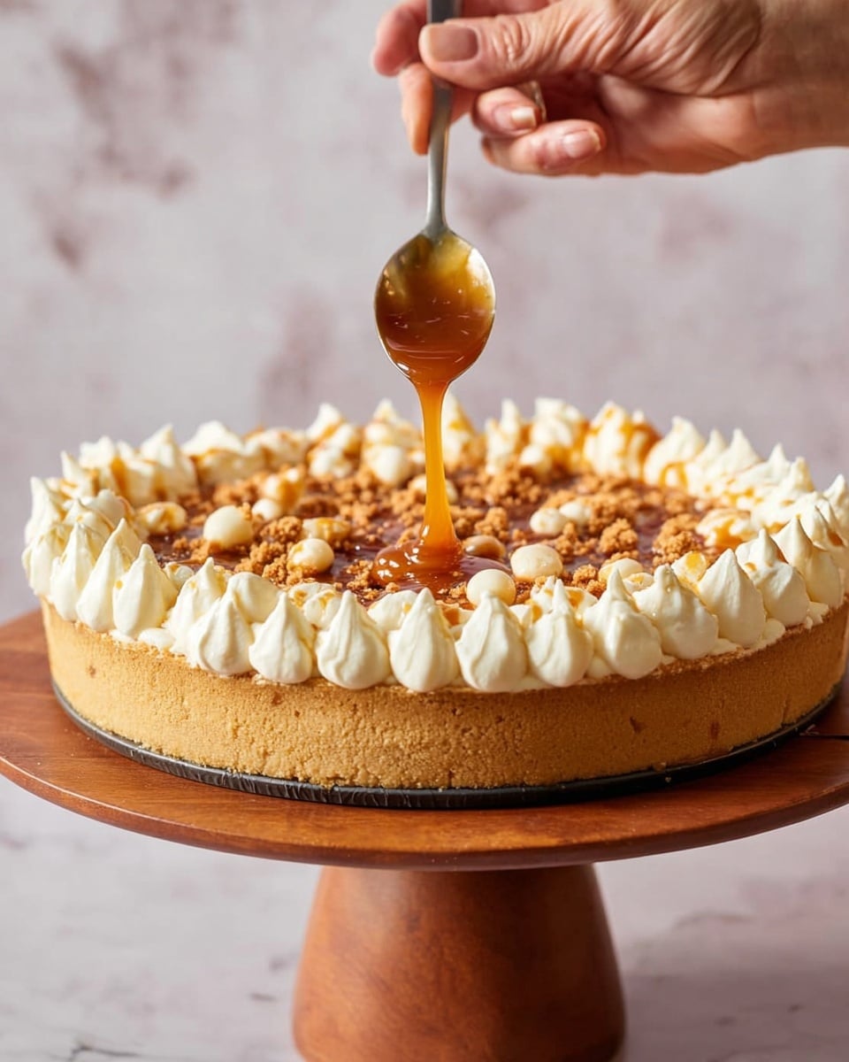 A thick pie with a light brown crust forms the base, topped with a layer of creamy white dollops piped evenly around the edge. The center is covered with crumbled brown bits and small white round pieces, creating a textured surface. A woman's hand holding a spoon drizzles a shiny caramel sauce right in the middle, adding a glossy amber layer that contrasts with the soft cream and crumbly textures. The pie sits on a wooden stand with a simple shape, against a white marbled background. photo taken with an iphone --ar 4:5 --v 7