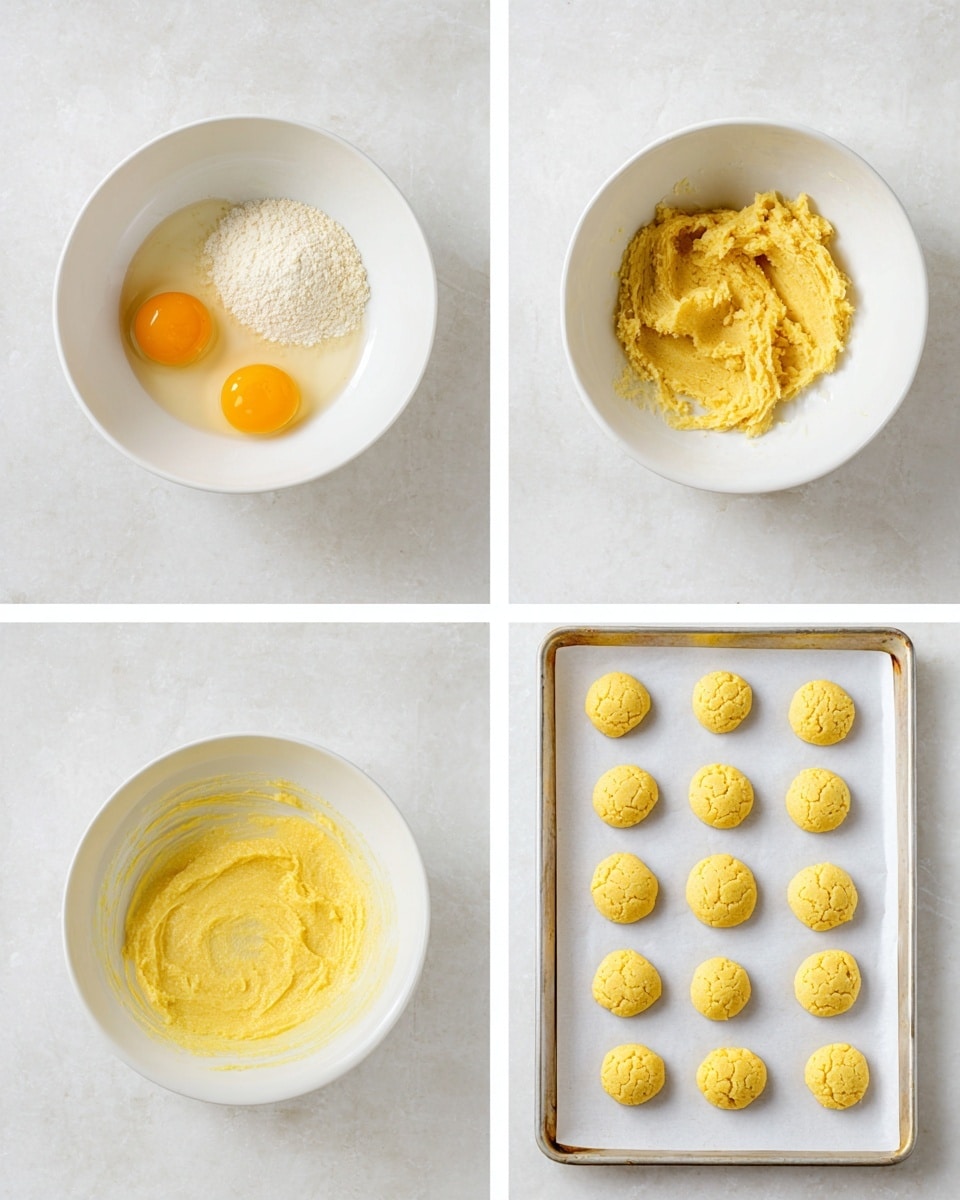 The image shows four steps of cookie making on a white marbled surface. In the top left, a white bowl contains three raw eggs with a pale yellow powder on top. In the top right, the same white bowl holds smooth, thick yellow dough. On the bottom left, a silver baking tray lined with white paper holds 15 small, round dough balls, evenly spaced. On the bottom right, another silver baking tray with white paper holds 15 round, golden-yellow baked cookies with a slightly cracked texture on top. photo taken with an iphone --ar 4:5 --v 7