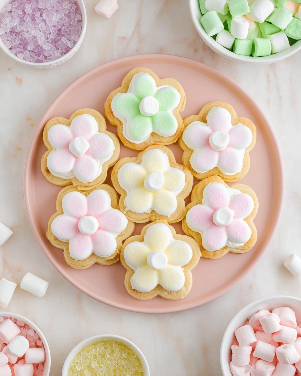 A white plate holds six flower-shaped cookies made of a yellow base cookie, topped with a thick layer of white frosting, and decorated with colorful marshmallow petals in pastel pink, green, and yellow hues, each cookie having five petals with a small round marshmallow center matching one petal's color. Around the plate are small white bowls filled with pastel mini marshmallows, large white marshmallows, and pink and green sugar sprinkles, all set on a white marbled surface photo taken with an iphone --ar 4:5 --v 7