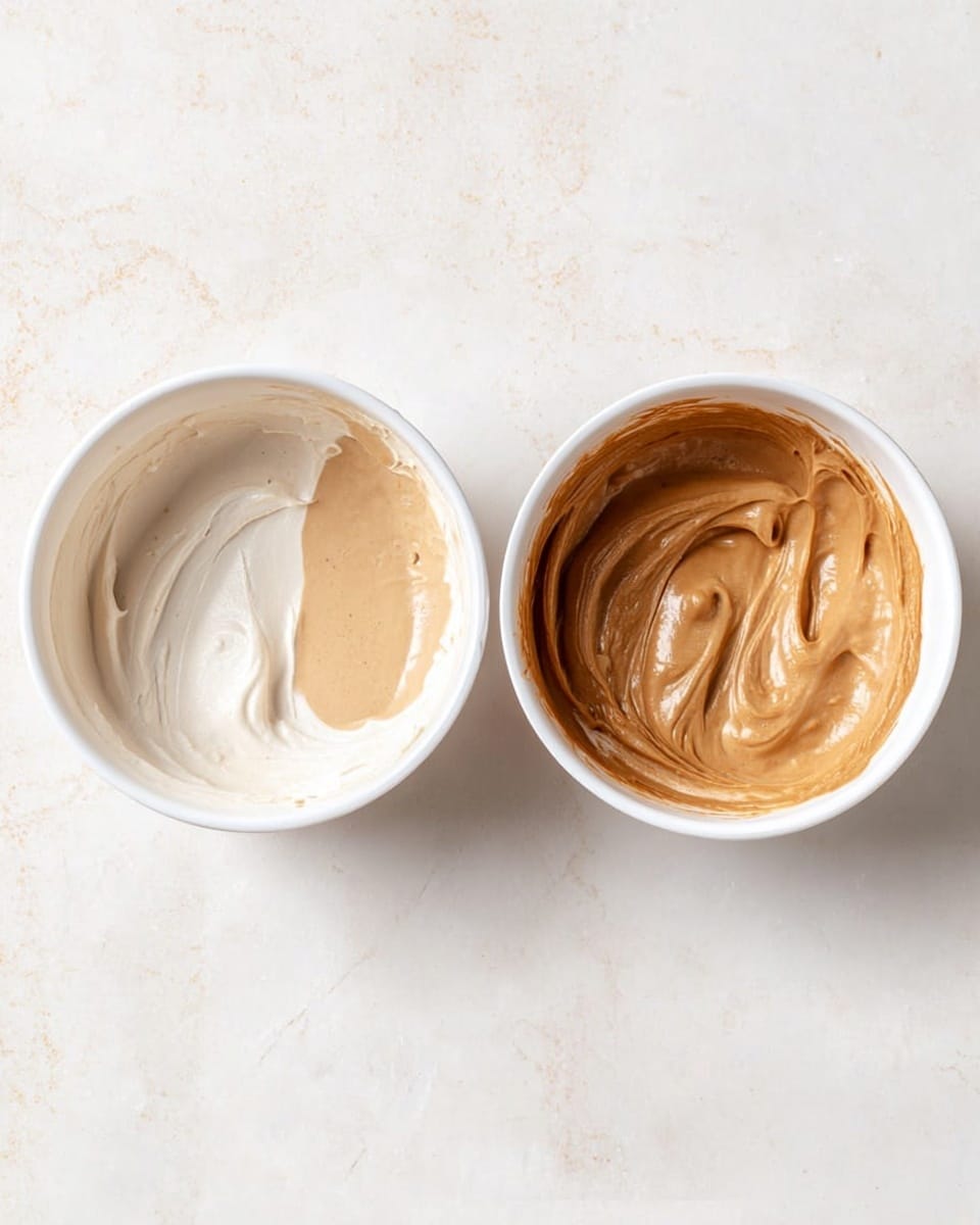Two white bowls are placed side by side on a white marbled surface. The left bowl shows two halves inside: the left half has a smooth, creamy white layer, and the right half has a smooth, light brown layer. The right bowl contains a single mixed light brown creamy layer with visible swirls on top, showing the two layers from the left bowl combined. photo taken with an iphone --ar 4:5 --v 7