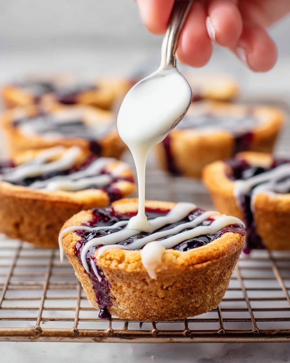 The image shows a small muffin-shaped tart with three distinct layers. The bottom layer is a golden-brown crust that looks crispy and thick, holding the tart together. The middle layer is a dark, glossy filling with a rich purple color, resembling a berry jam or compote. On top, a white creamy glaze is being drizzled in thin lines from a spoon held by a woman's hand above the tart. Multiple similar tarts are placed in the background on a wire cooling rack, all sitting on a white marbled surface. The overall look is fresh, sweet, and inviting. photo taken with an iphone --ar 4:5 --v 7