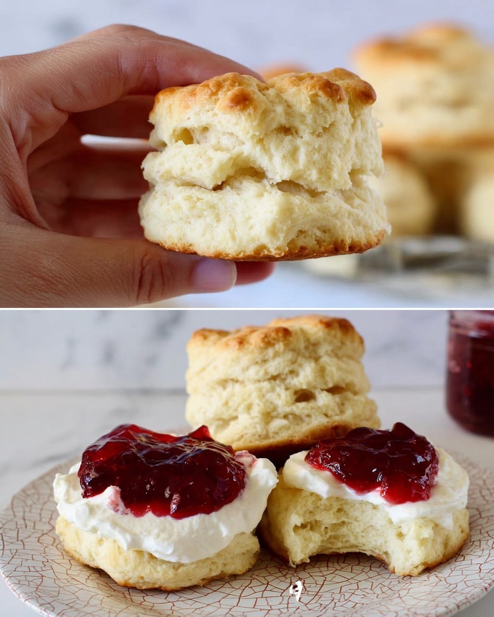 A woman's hand is holding a golden brown biscuit with a light, flaky texture and multiple soft layers visible on its side, over a white marbled surface. Below the hand, three more biscuits sit stacked, each showing the same light fluffy inside and slightly crispy golden top. The next image shows a biscuit on a white plate with a cracked clay pattern, topped with thick white cream spreading slightly over the sides and a glossy red berry jam sitting on the cream. There is a bite taken from the biscuit, revealing the soft crumb inside; the background is a white marbled surface. Photo taken with an iphone --ar 4:5 --v 7