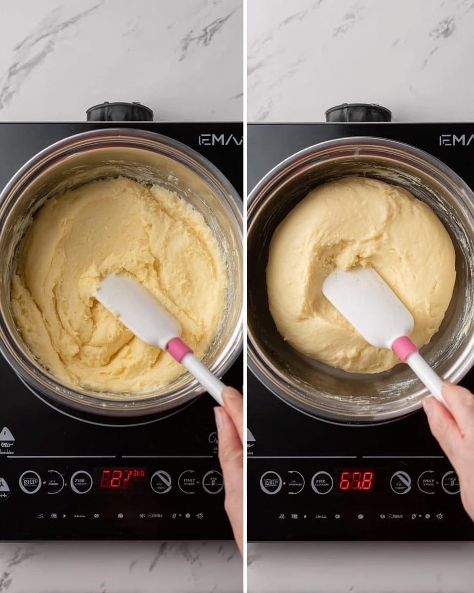 Two images show a silver pot on a black stovetop with red digital numbers. The pot holds a thick, pale yellow dough with a smooth, soft texture. In the left image, a woman's hand holds a white and pink spatula pressing the dough slightly towards the side. The right image shows the dough pushed to one side of the pot, with the woman’s hand holding the spatula resting on the pot's edge. The stove surface is replaced with a white marbled texture. photo taken with an iphone --ar 4:5 --v 7