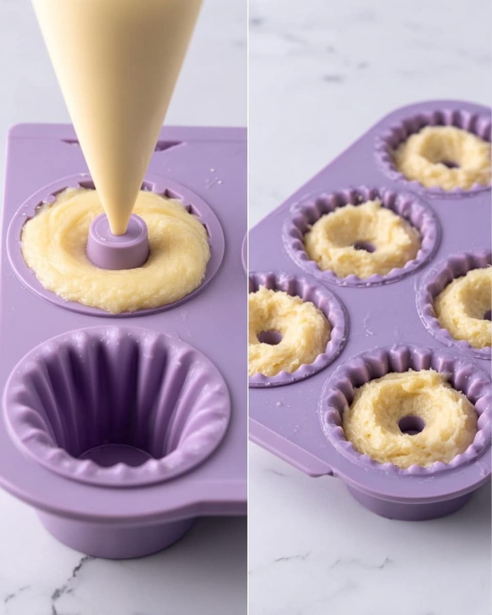 The image shows two views of a purple silicone donut mold placed on a white marbled surface. On the left, a thick pale yellow cake batter is being squeezed from a piping bag into one mold cavity, filling it carefully around the central peg. On the right, the mold holds six cavities, each partially filled with the same batter, with the batter slightly uneven and textured, resting inside the mold's ridged edges. The whole setup is clean and simple with the focus on the batter filling each donut shape. Photo taken with an iphone --ar 4:5 --v 7