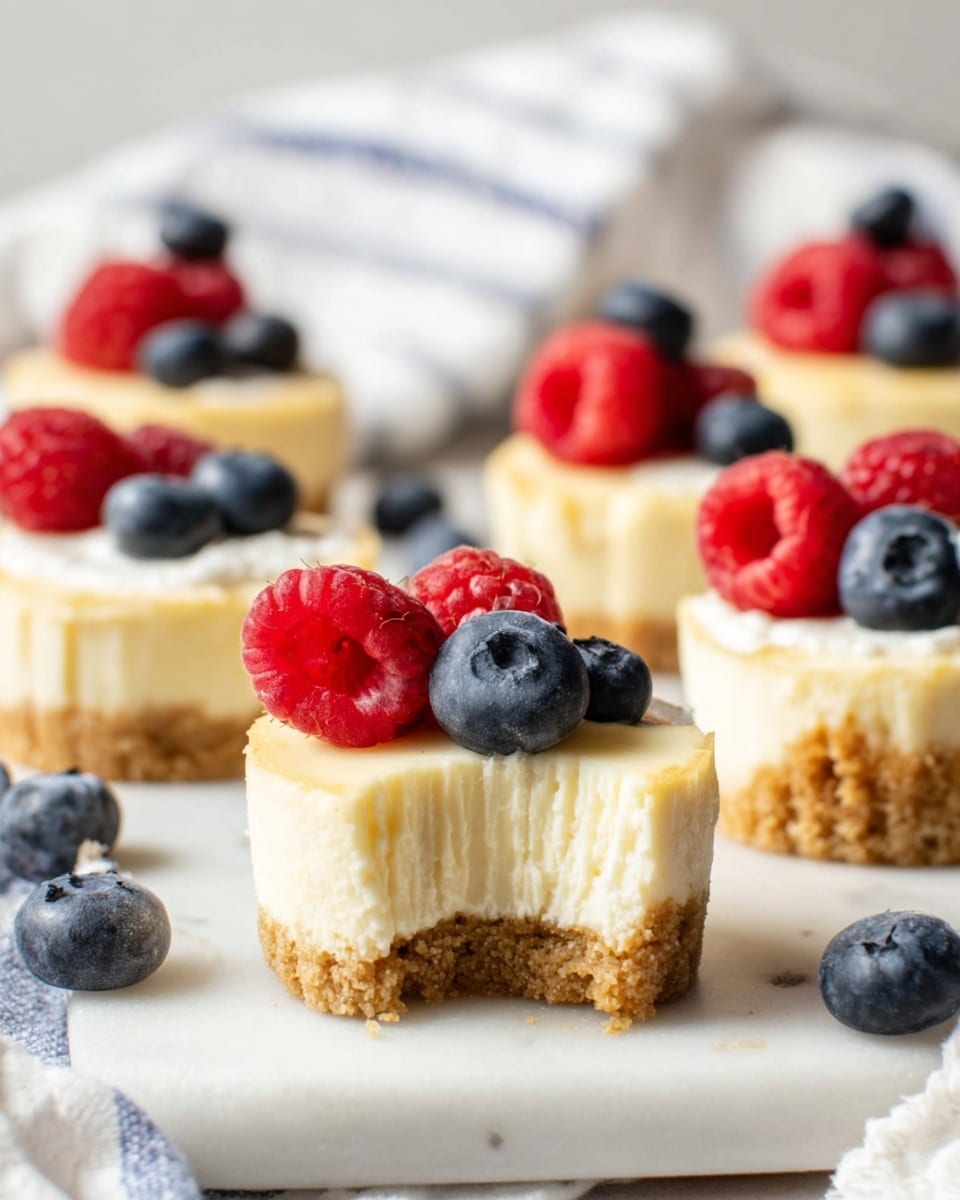 The image shows several mini cheesecakes on a white marbled surface, each with three layers: a golden brown crumbly base, a thick creamy light yellow middle layer, and a smooth white top layer. Each cheesecake is topped with bright red raspberries and deep blue blueberries arranged in small clusters. One mini cheesecake in the front has a bite taken out, revealing the soft texture inside. More cheesecakes and a white cloth with blue lines are blurry in the background. Photo taken with an iphone --ar 4:5 --v 7