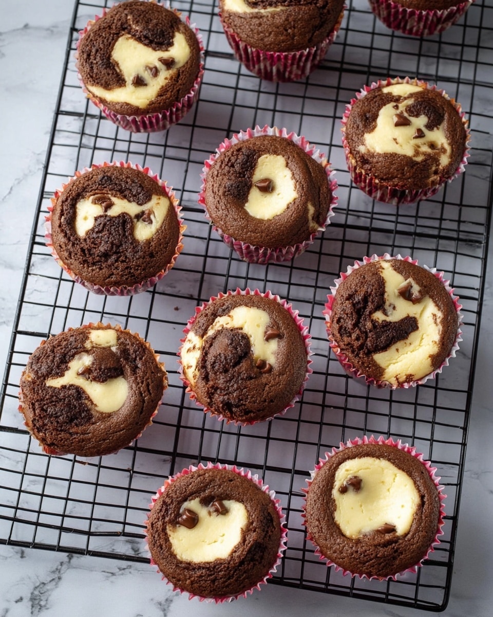The image shows eleven chocolate muffins with cheesecake swirls on top, arranged on a black wire cooling rack. Each muffin has a rich dark brown chocolate base with a creamy white cheesecake layer that has a smooth texture and uneven, natural shapes on the surface. Some muffins have visible dark chocolate chips embedded in the cheesecake layer, adding texture and color contrast. Two of the muffins remain in shiny pink paper liners, showing ribbed patterns, while the others are without liners, exposing their chocolate sides. The rack sits on a white marbled surface, giving a clean and bright background that highlights the muffins. photo taken with an iphone --ar 4:5 --v 7