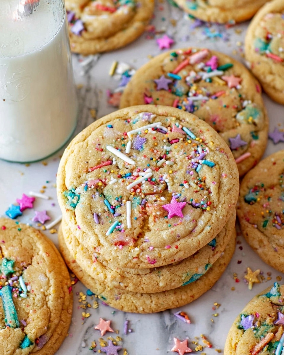 A close-up view of several soft, round cookies stacked in a small pile on a white marbled surface. Each cookie has a light golden brown color with a slightly cracked texture and is topped with colorful sprinkles in various shapes such as stars, dots, and sticks scattered across the surface. The cookies look soft and chewy, with visible bits of sprinkles baked inside. To the left, a clear glass bottle with a white cap is partially visible, adding to the cozy setting. The image shows a warm and fun vibe with a focus on the bright, cheerful sprinkles on the cookies photo taken with an iphone --ar 4:5 --v 7