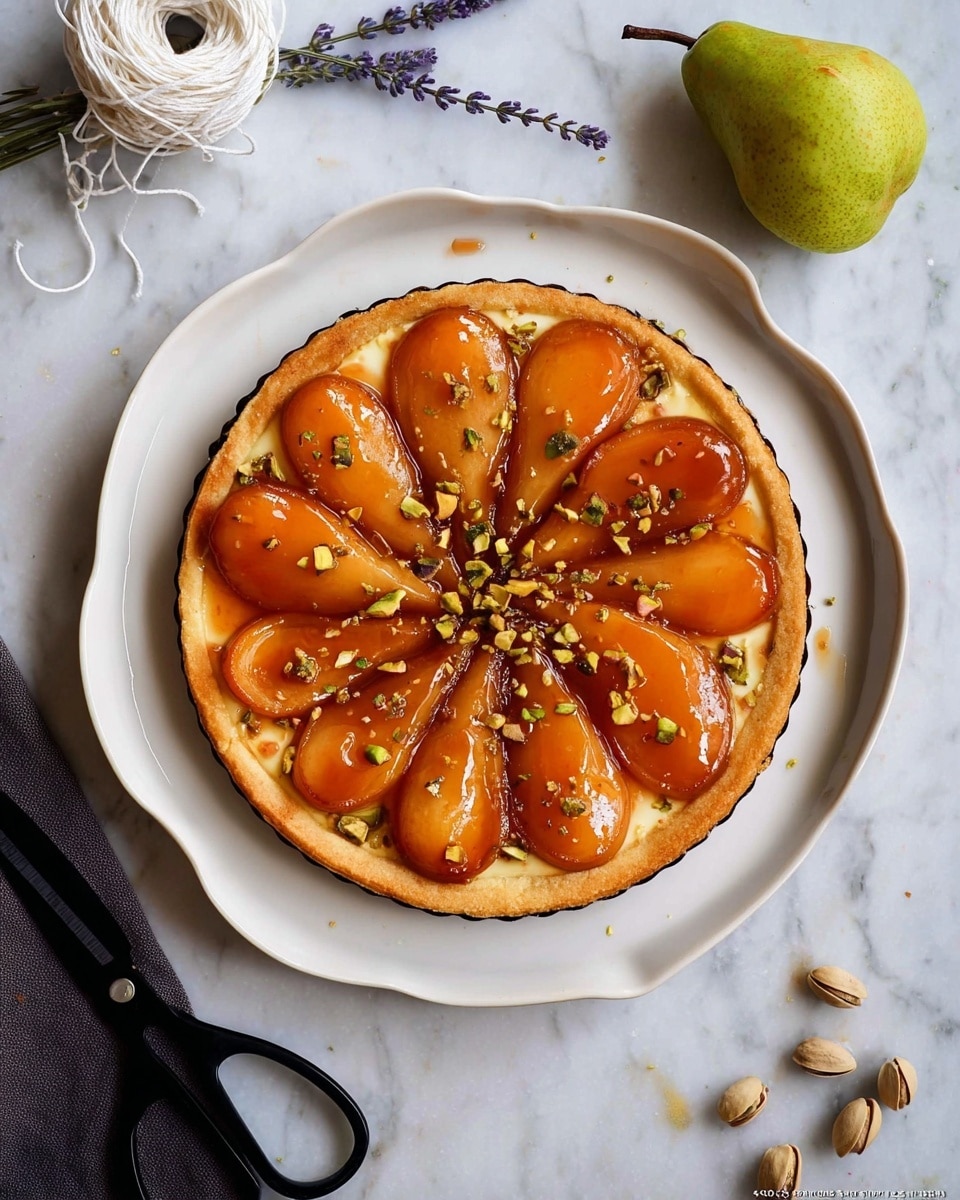 A tart with a golden crust base topped with two layers of pear halves arranged in a circular pattern, each pear half glossy and caramelized with a warm orange-brown color, sprinkled with chopped pistachios that add small green and beige specks on top. The tart sits on a white plate with a scalloped edge, placed on a white marbled surface with scattered whole pistachios, a halved green pear, lavender sprigs, white string, and black scissors nearby. Photo taken with an iphone --ar 4:5 --v 7