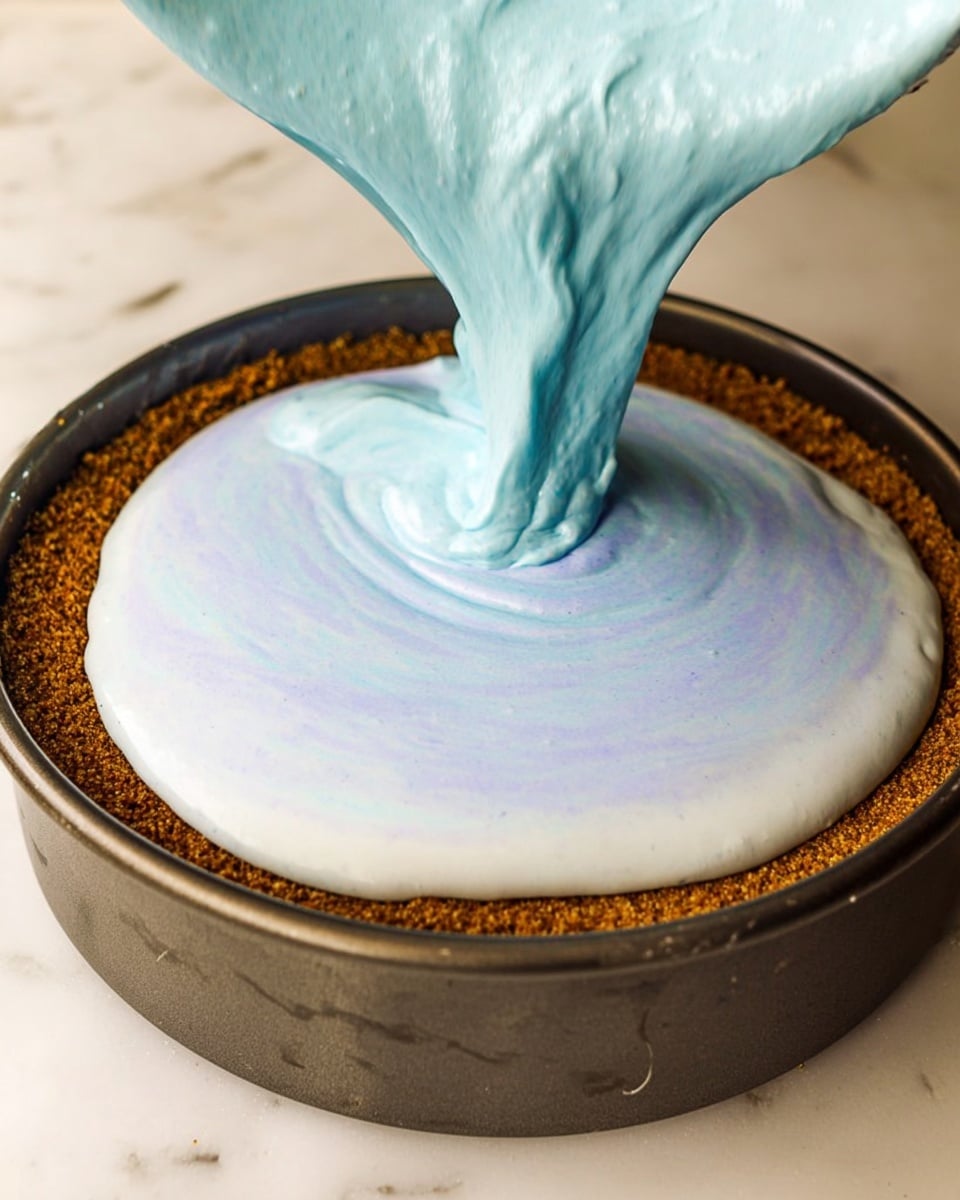 A close-up image shows a thick, light blue creamy mixture being poured from a bowl into a round baking pan with a dark crust layer at the bottom. The creamy layer is smooth and shiny with a soft texture, gradually forming a thick base layer over the grainy, brown crust. The baking pan is placed on a white marbled surface. Photo taken with an iphone --ar 4:5 --v 7