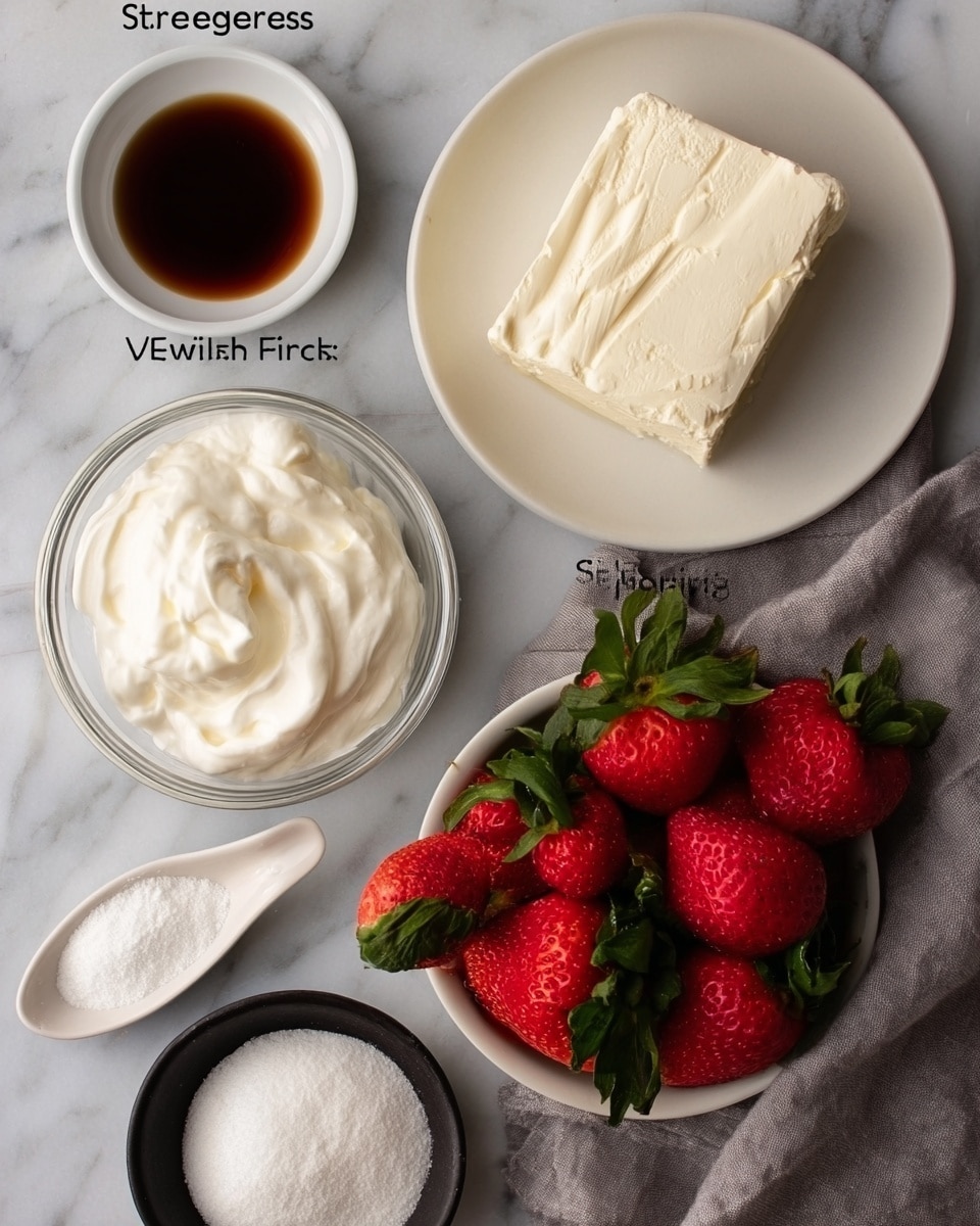 The image shows five main ingredients arranged on a white marbled surface. At the top right, there is a white plate with a block of cream cheese that has a smooth, creamy texture and off-white color. Below it, slightly to the center, is a clear glass bowl filled with thick, white Greek yogurt that looks creamy and smooth. To the bottom right, there is a small white bowl full of fresh red strawberries with green leaves still attached, showing a glossy and juicy texture. In the lower left corner, a small white oval dish contains a dark brown vanilla extract with a smooth liquid appearance. Partly visible at the bottom edge is a black bowl filled with white, powdery sugar. A soft gray cloth is placed near the plate and strawberries, adding a cozy and natural touch. photo taken with an iphone --ar 4:5 --v 7