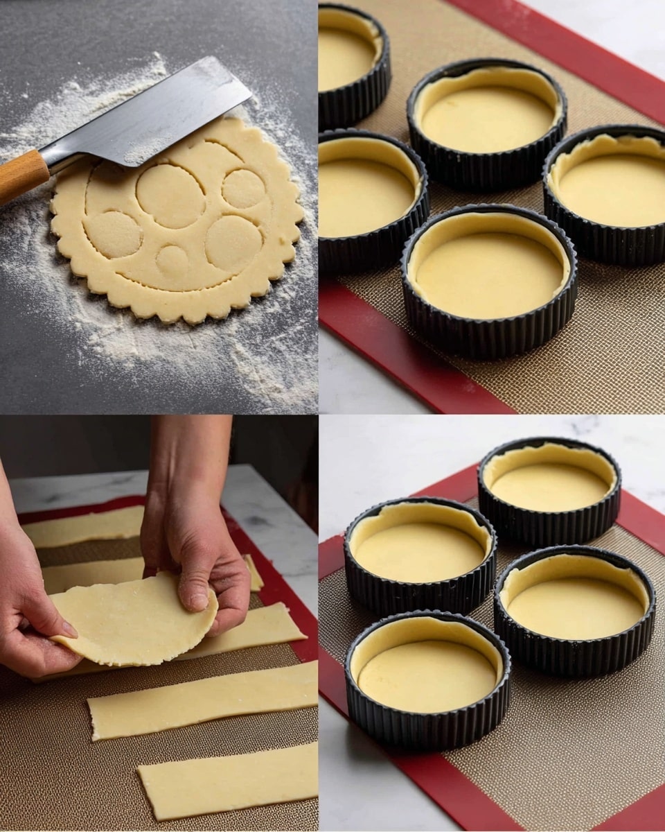 The image shows four stages of pastry preparation arranged in a grid. The top left shows a woman's hand using a metal spatula with a wooden handle to lift a smooth, light beige dough circle from rolled dough with more circles cut out, all resting on a textured mat. The top right shows round black tart molds filled with smooth, pale yellow filling on a black silicone baking mat with a red border beneath. The bottom left depicts a woman's hands holding long strips of rolled dough with even thickness, placed on a textured mat with more uncut dough below. The bottom right displays black tart molds lined with smooth pastry dough, pressed neatly into the molds on the same black silicone mat with a red border. The background is a white marbled surface photo taken with an iphone --ar 4:5 --v 7