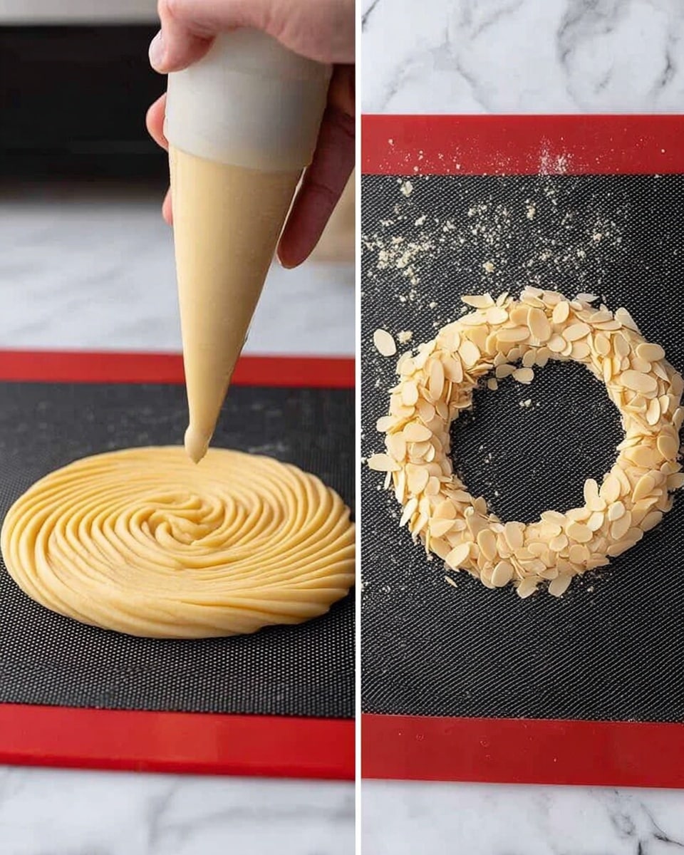The image shows two side-by-side close-up shots of a round pastry being made on a white marbled surface. On the left, a piping bag is squeezing smooth light beige dough into a round spiral shape on a black silicone mat with a red border. The dough has a ridged texture from the piping bag and forms one thick layer. On the right, a woman's hand is sprinkling thin, pale almond slices evenly over the same round dough shape on the black silicone mat. The almond slices cover the top of the dough ring in a scattered pattern. Photo taken with an iphone --ar 4:5 --v 7