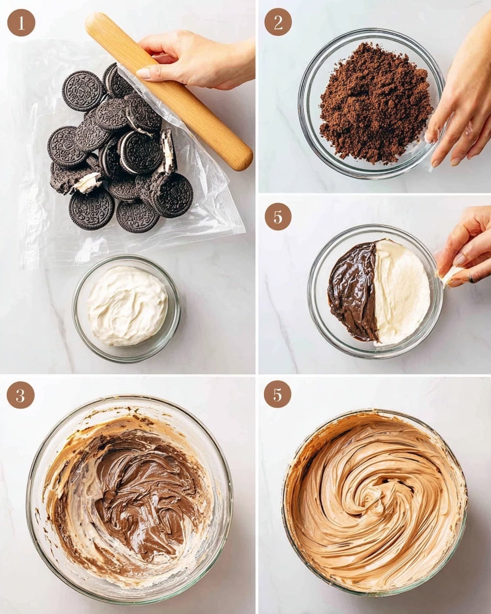 The image shows a set of five steps for making a creamy dessert. Step 1 has a woman's hands holding a wooden rolling pin, crushing black and white sandwich cookies inside a clear plastic bag on a white marbled surface. Step 2 shows the crushed dark brown cookie crumbs in a clear glass bowl on the white marbled surface. Step 3 has a clear glass bowl with three separate layers inside: white cream, light brown chocolate spread, and a pale yellow creamy layer. Step 4 shows the same bowl with mixed layers that are now thick and darker brown near the bottom with white cream on top. Step 5 displays a larger glass bowl filled with smooth, light brown creamy mixture with swirled texture, sitting on the white marbled surface. Photo taken with an iphone --ar 4:5 --v 7