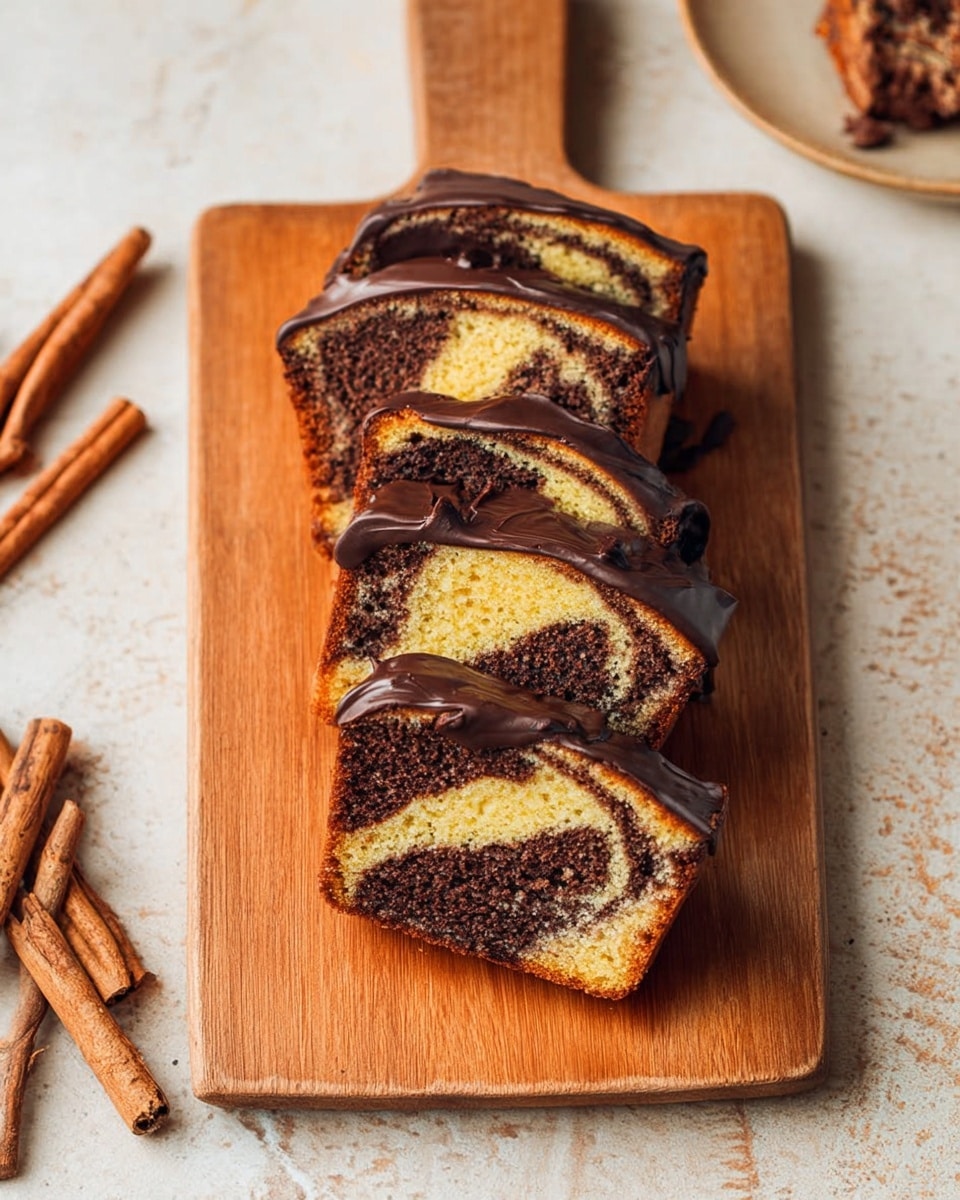 Four slices of marble cake with visible swirls of light yellow and dark brown layers, each slice topped with smooth, shiny dark chocolate glaze. The cake pieces are arranged closely in a row on a small wooden cutting board with a handle. Cinnamon sticks lie nearby on a light beige textured surface. The overall setting has a cozy, warm feel with natural light. Photo taken with an iphone --ar 4:5 --v 7