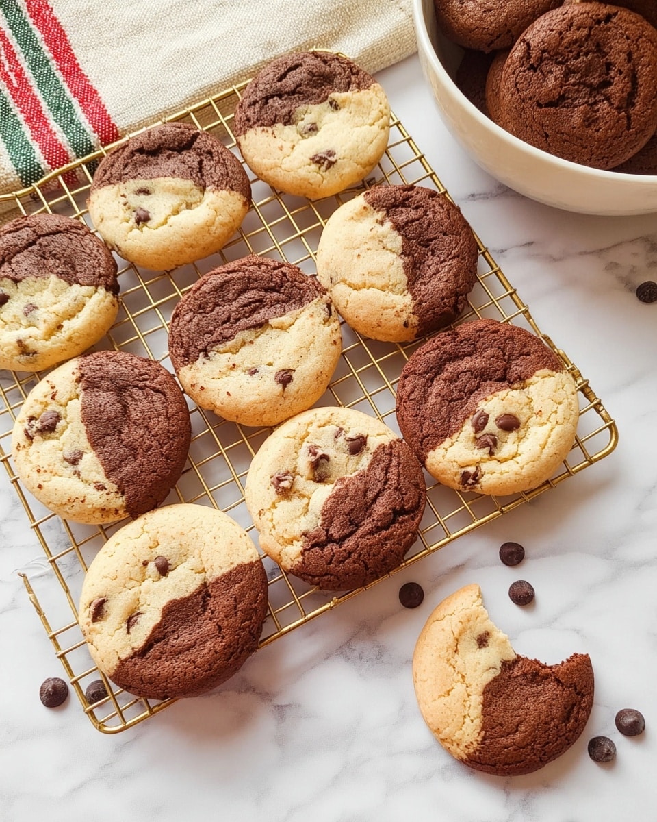 The image shows seven round cookies resting on a gold cooling rack over a white marbled surface. Each cookie has two halves: one side is light beige with visible chocolate chips, and the other side is dark brown with a slightly cracked, textured surface. The ratio of light to dark halves varies slightly among the cookies. One cookie at the bottom right has a bite taken from the light beige side, revealing a soft interior. A few loose chocolate chips are scattered on the marbled surface near the rack. Part of a white bowl filled with more cookies is visible at the upper left corner, with a beige, red, and green striped cloth in the top background. photo taken with an iphone --ar 4:5 --v 7