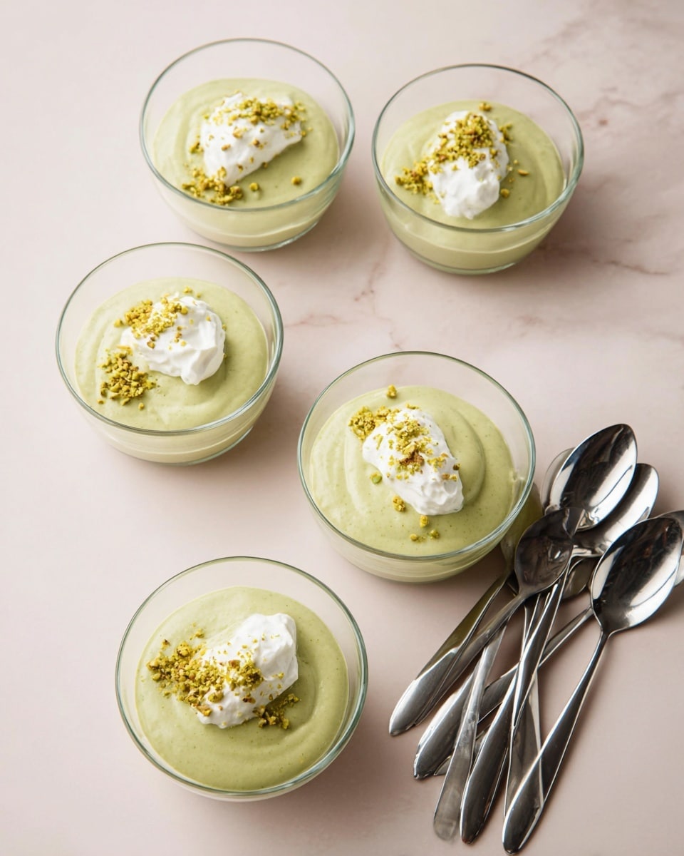 Five clear glass bowls are placed on a smooth white marbled surface, each filled with smooth pale green pudding. Two bowls have a dollop of white cream on top, sprinkled with small bits of yellow-green crushed nuts. To the right of the bowls, there are five shiny metal spoons laid out casually. The overall look is clean and simple with soft, natural light. photo taken with an iphone --ar 4:5 --v 7