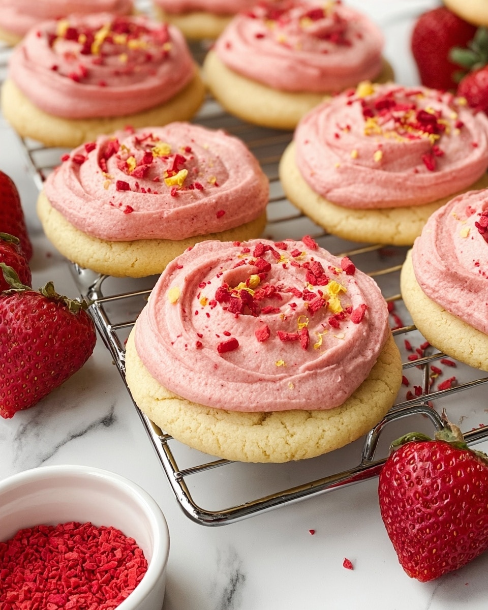 The image shows soft round cookies placed on a metal cooling rack over a white marbled surface. Each cookie has two layers: a light golden base and a thick layer of pale pink frosting swirled smoothly on top. The frosting is sprinkled with small red crunchy bits and tiny yellow zest pieces. Around the cookies, there are fresh whole strawberries adding bright red color, along with a small white bowl filled with red freeze-dried fruit pieces. The cookies look moist and fresh, with a vibrant, inviting look. Photo taken with an iphone --ar 4:5 --v 7