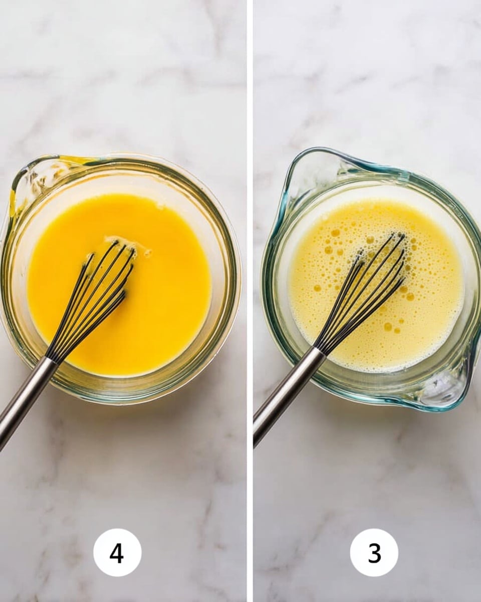 The image shows two clear glass bowls each with a black whisk inside, placed side by side on a white marbled surface. The bowl on the left contains a thick orange-yellow liquid, smooth in texture with small bubbles on top, filling about two-thirds of the bowl. The bowl on the right holds a thinner, light yellow liquid, less dense with some foam and bubbles, also filling about two-thirds of the bowl. The bowls have a slight spout for pouring, and a small white circle labeled with the numbers
