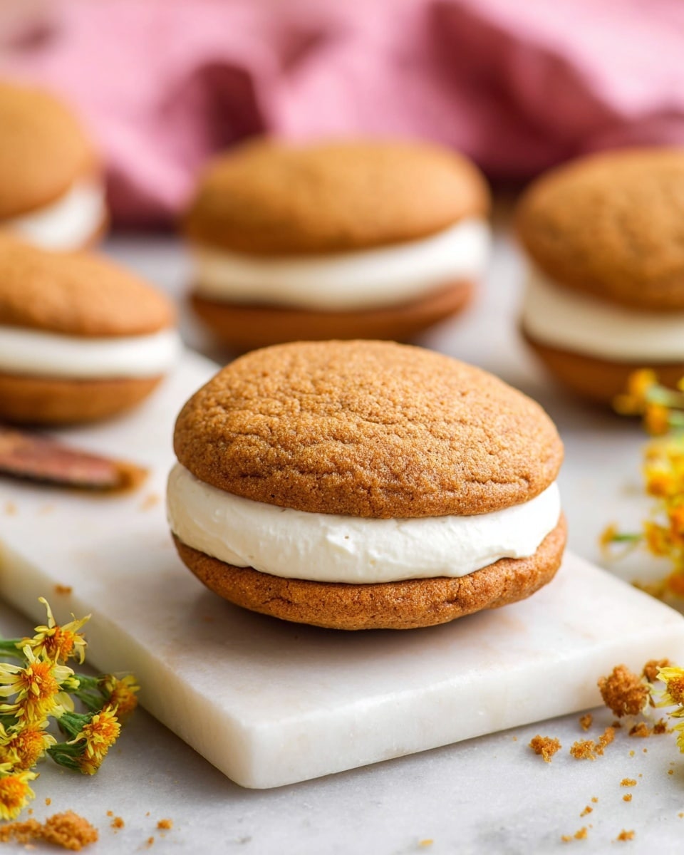 The image shows a close-up of a sandwich cookie with two soft, textured light brown pumpkin-flavored cookie layers. Between them is a thick, smooth, and creamy white filling that looks fluffy and dense. The cookie on top has a bite taken out of it, revealing the moist crumb inside. The dessert rests on a white marbled surface, with some blurred cookies and a glass in the background, along with yellow flowers on the side. Photo taken with an iphone --ar 4:5 --v 7