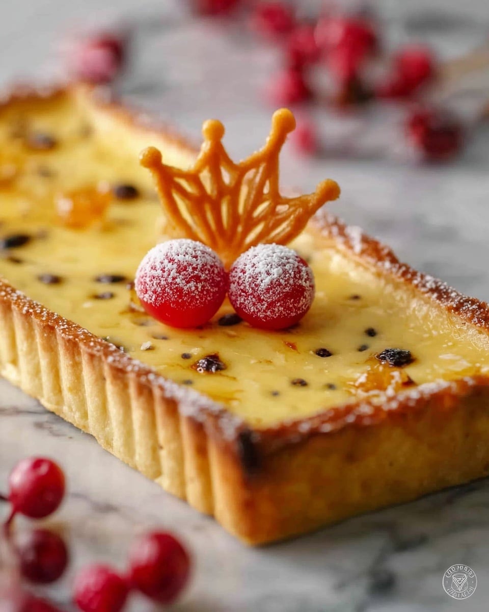 A close-up of a rectangular tart with a golden-brown crust that is thick and well-baked, forming a sturdy border around a creamy yellow filling dotted with small dark spots, possibly raisins or nuts. On top, there is a delicate caramel decoration shaped like a curved crown, holding two small bright red berries dusted lightly with powdered sugar. The tart is placed on a white marbled surface with a few more red berries scattered around, adding a festive and fresh touch. photo taken with an iphone --ar 4:5 --v 7