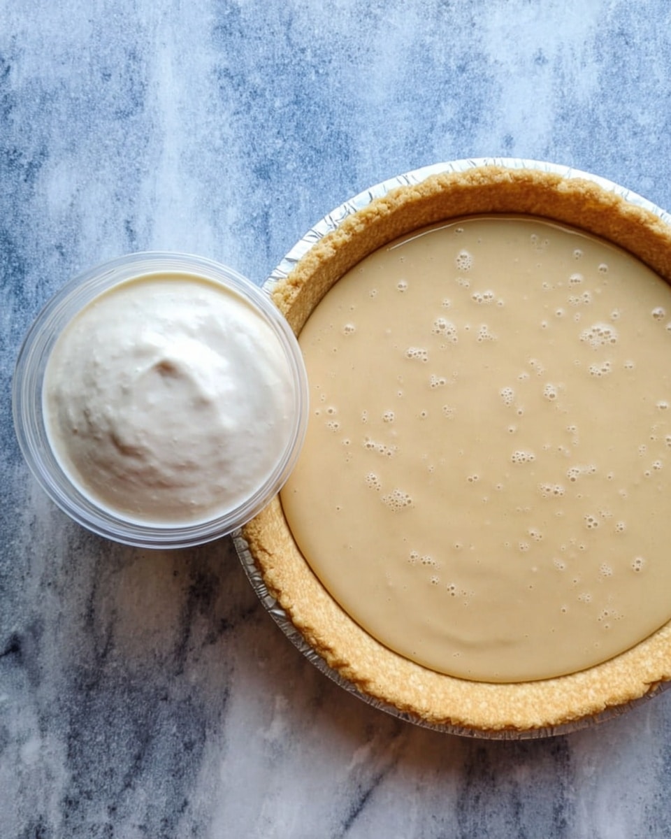 A single white pie crust forms a round base with a light golden-brown edge, filled with a thick, smooth, light beige cream layer that has small bubbles on its surface. Next to the pie is a clear white container filled with a similar light beige cream with a soft texture. Both rest on a white marbled surface. photo taken with an iphone --ar 4:5 --v 7