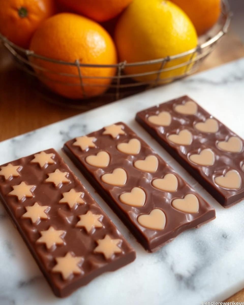 The image shows three rectangular chocolate bars on a white marbled surface, each with light brown creamy shapes on top. The left bar has nine rows of small star shapes evenly spaced. The middle one has seven rows of flower-like shapes, while the right bar has four rows of heart shapes, also evenly spaced. The chocolates are smooth and shiny, and a wire basket filled with oranges and other fruits is in the blurred background. Photo taken with an iphone --ar 4:5 --v 7
