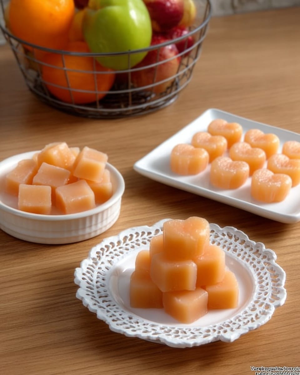 The image shows three white dishes with neatly arranged light orange jelly-like sweets. The first dish on the left is a simple round plate filled with small, smooth cubes. The dish on the right is a decorative plate with a lace design, where the sweets are stacked in a small pyramid. The third dish, a white rectangular plate at the back, holds the sweets shaped like hearts and circles, lined up in rows. The scene is set on a wooden surface with a wire basket filled with colorful fruits in the background. photo taken with an iphone --ar 4:5 --v 7