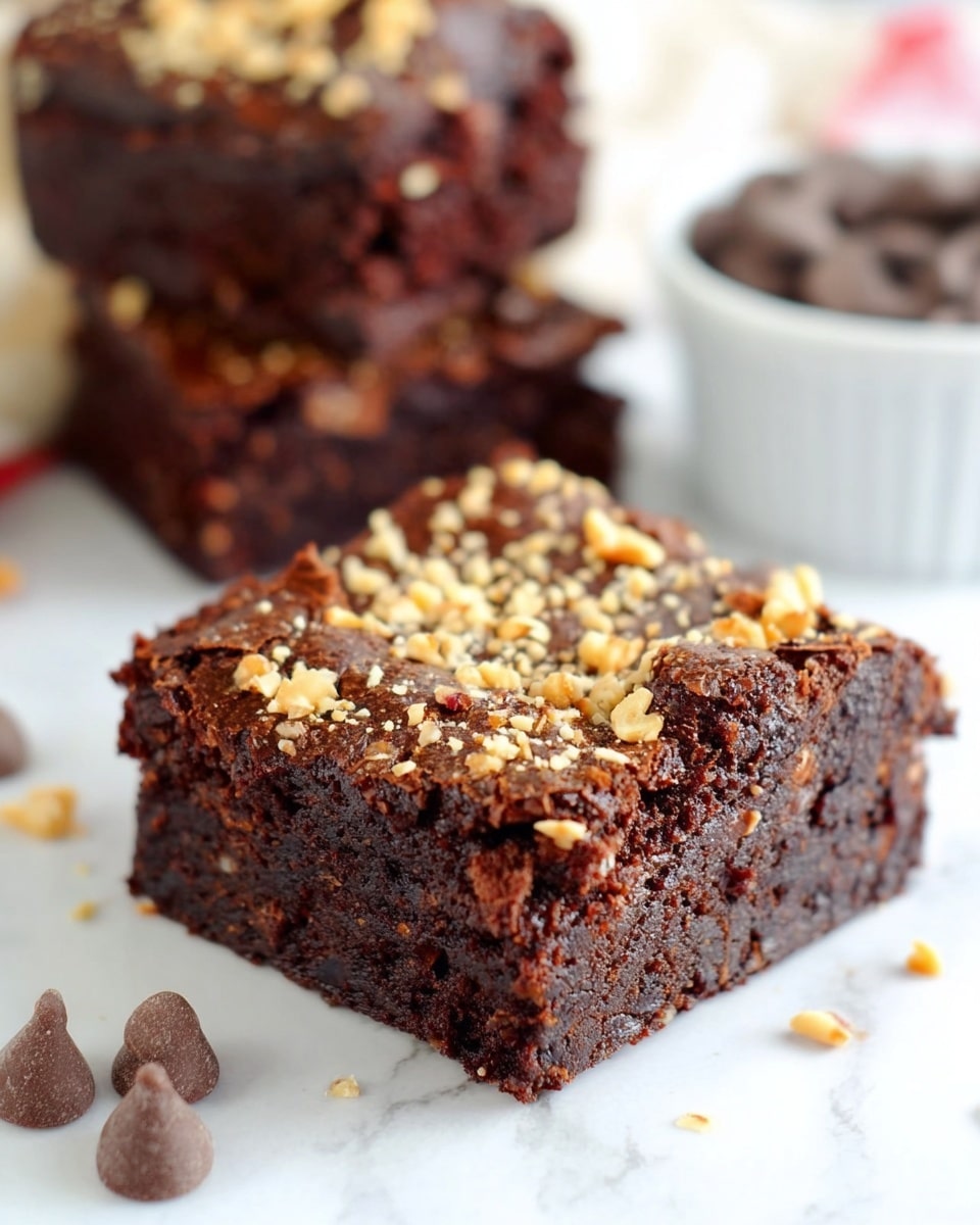 The image shows a close-up of a single square piece of dark brown chocolate brownie with a moist and slightly crumbly texture. The top layer is sprinkled with small chopped nuts that add a light beige and golden crunch contrast to the dark chocolate surface. Around the brownie on the white marbled surface, there are a few medium-sized milk chocolate chips, glossy and smooth, adding extra chocolate detail. In the background, two more brownie squares are stacked, slightly out of focus, showing the same dense texture and nut topping. There is a white bowl filled with chocolate chips blurred further back, adding to the chocolate theme. The whole scene is bright and clean, focusing on the rich, nutty chocolate brownie. photo taken with an iphone --ar 4:5 --v 7