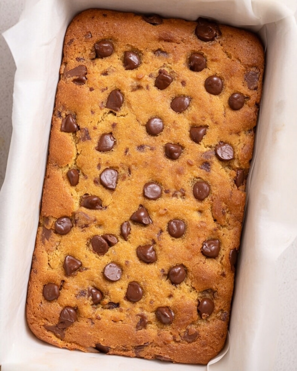 A golden brown rectangular chocolate chip cookie bar fills a white rectangular baking dish lined with parchment paper. The cookie bar surface is dotted with semi-melted dark chocolate chips scattered evenly, creating small shiny pools. The cookie texture looks soft but slightly firm with a warm, inviting color. The edges of the bar are a little darker, showing a firmer crispness. The white marbled background subtly contrasts with the warm cookie color. photo taken with an iphone --ar 4:5 --v 7