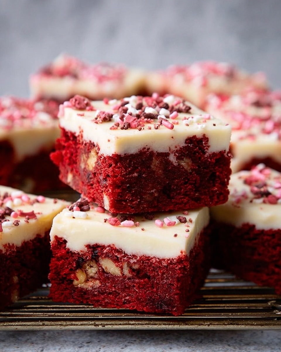 The image shows several thick square pieces of red velvet cake with two layers each: a rich dark red base with bits of light nuts inside and a thick creamy white frosting on top. The frosting is decorated with small pink and brown sprinkles scattered across the surface. The pieces are arranged on a wire rack with one piece stacked on top of another. The background is a simple grey, making the vibrant red and white colors of the cake stand out clearly. photo taken with an iphone --ar 4:5 --v 7