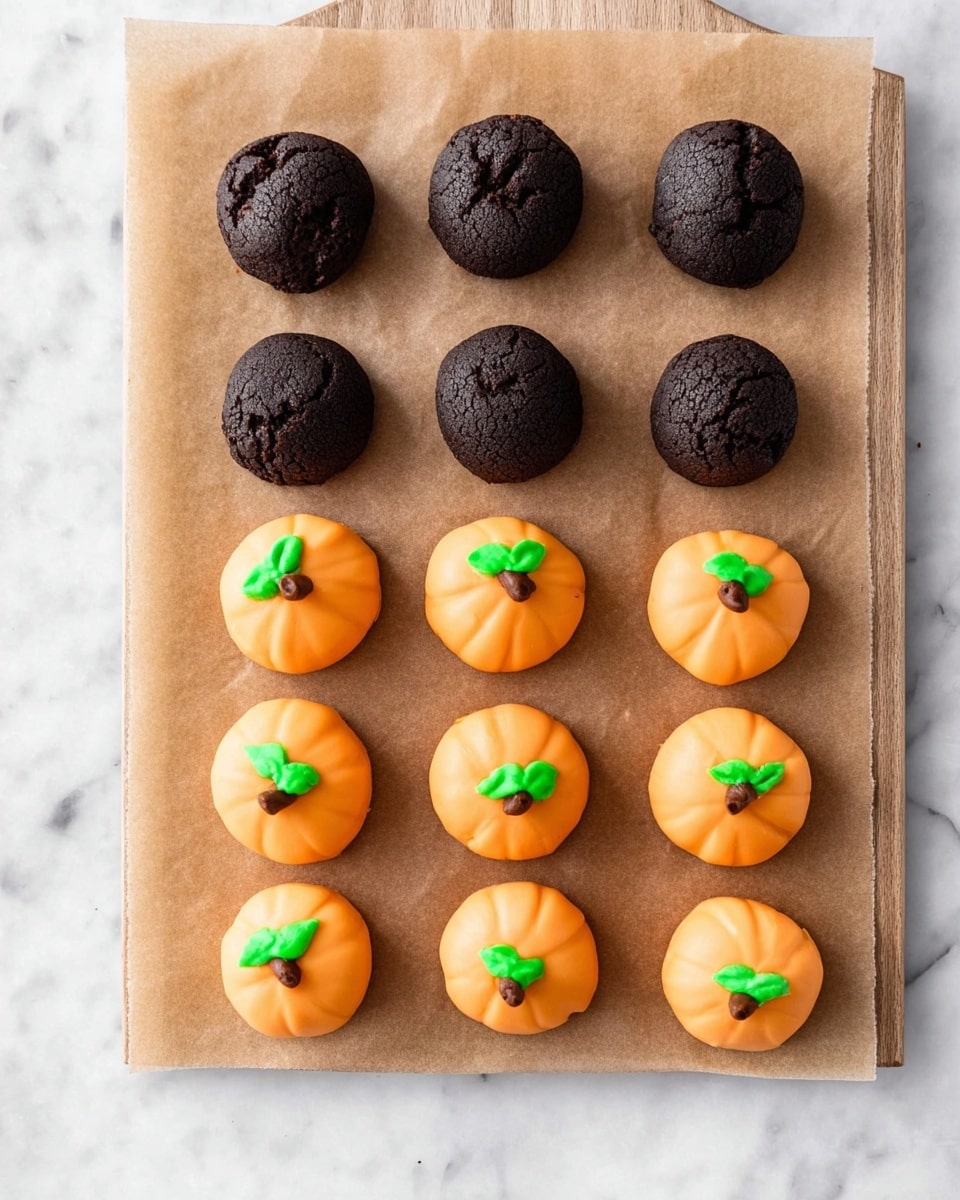 The image shows twelve round treats on a sheet of parchment paper over a wooden board, placed on a white marbled surface. The treats are arranged in four rows and three columns. The top two rows are dark brown, almost black, with a cracked texture, resembling baked chocolate balls. The bottom two rows are coated in smooth orange icing and shaped like small pumpkins, each topped with a small brown stem and a bright green leaf decoration. The orange icing is shiny and has slight swirls. The scene is well-lit, with soft shadows around the treats. photo taken with an iphone --ar 4:5 --v 7