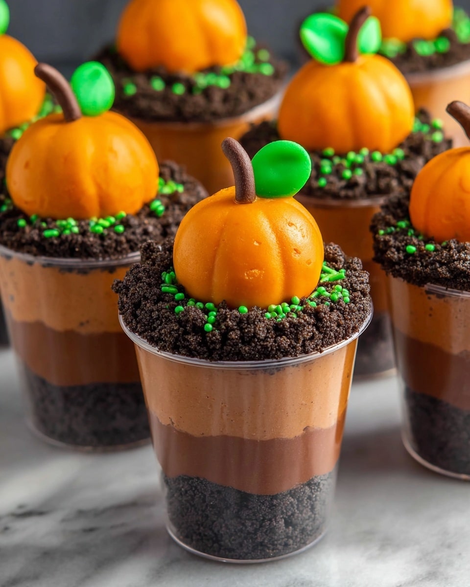 The image shows clear cups filled with layered dessert that look like dirt pudding. Each cup has three layers: a thick, dark brown chocolate layer at the bottom, followed by a crumbly, dark cookie layer, and then another chocolate layer, topped with another cookie layer. On top of each cup is a round orange ball shaped like a pumpkin, smooth in texture, with a small green candy as a leaf on one side and a small brown stick resembling a stem on top. There are green candy sprinkles scattered on the top cookie layer around the pumpkin. The cups are placed on a white marbled surface in close view, showing the rich color and texture contrast. photo taken with an iphone --ar 4:5 --v 7