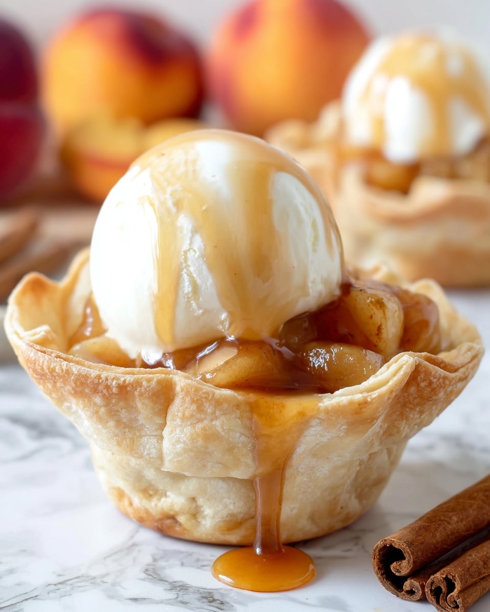 A close-up image of a dessert featuring a golden-brown baked tortilla shaped like a bowl, filled with warm, glossy apple filling at the bottom. On top of the apple layer, there is a single scoop of smooth, white vanilla ice cream with light golden syrup drizzled over it, creating a shiny drip effect down the sides. The dessert is placed on a white marbled surface, surrounded by blurred cinnamon sticks and fresh peaches in the background. photo taken with an iphone --ar 4:5 --v 7