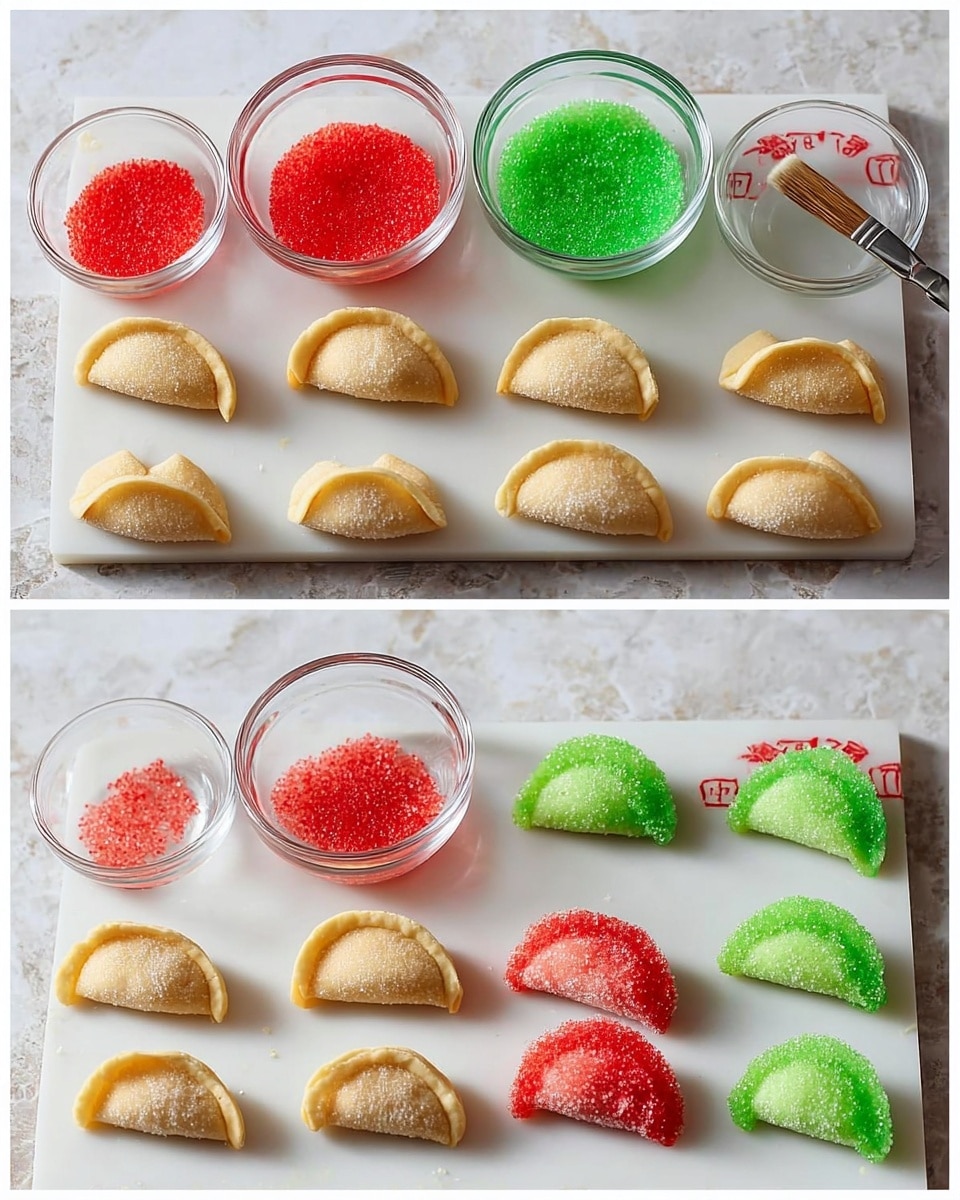 Two images side by side show a white board with red text and a small brush at the top right. On the board, there are two small clear glass bowls; the left one contains bright red sugar crystals, and the right one has bright green sugar crystals. Below the bowls, nine plain light yellow fortune cookies are arranged in three rows of three in each image. In the second image, each fortune cookie is dipped halfway, some on left side and some on right side, into the red and green sugar crystals, creating a sparkly, textured red and green coating on the dipped sections. The background is a white marbled texture. Photo taken with an iphone --ar 4:5 --v 7