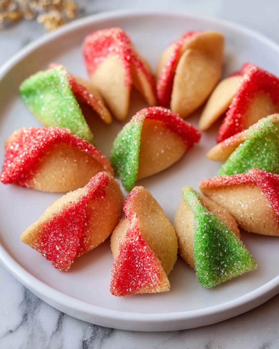 The image shows a white plate on a white marbled surface, filled with eleven fortune cookies arranged in a circle. Each fortune cookie has two tips dipped in sugar crystals, one tip covered in bright red sugar and the other tip covered in green sugar. The cookies have a light golden color with a slightly smooth texture, and their folded shape is pointed at the middle, giving a stacked look of two halves meeting. The lighting highlights the sugar's sparkly texture and the smooth cookie dough. photo taken with an iphone --ar 4:5 --v 7