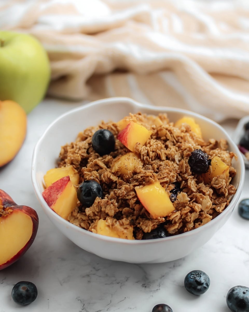 A white bowl filled with a thick layer of brown oat granola mixed with small pieces of yellow and red peach chunks and some dark blueberries scattered throughout. The bowl is placed on a white marbled surface, with whole green apple and yellow peach blurred in the background, and some loose blueberries on the surface nearby. A soft beige striped cloth adds texture in the upper background. photo taken with an iphone --ar 4:5 --v 7