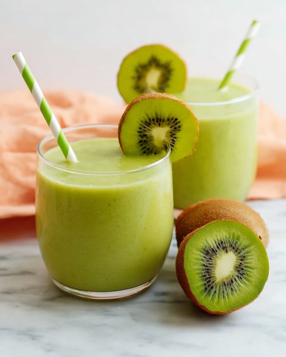 Two short clear glasses filled with bright green smoothie are shown. Each glass is smooth and round with no layers inside, filled to the top with the creamy green liquid. A green and white striped paper straw sticks out from each glass near slices of fresh kiwi with green flesh and tiny black seeds placed on the rim. In front of the glasses, two halves of whole kiwi fruit are placed, showing their bright green inside. The background is a bright white marbled surface with a soft peach-colored cloth blurred in the back. photo taken with an iphone --ar 4:5 --v 7
