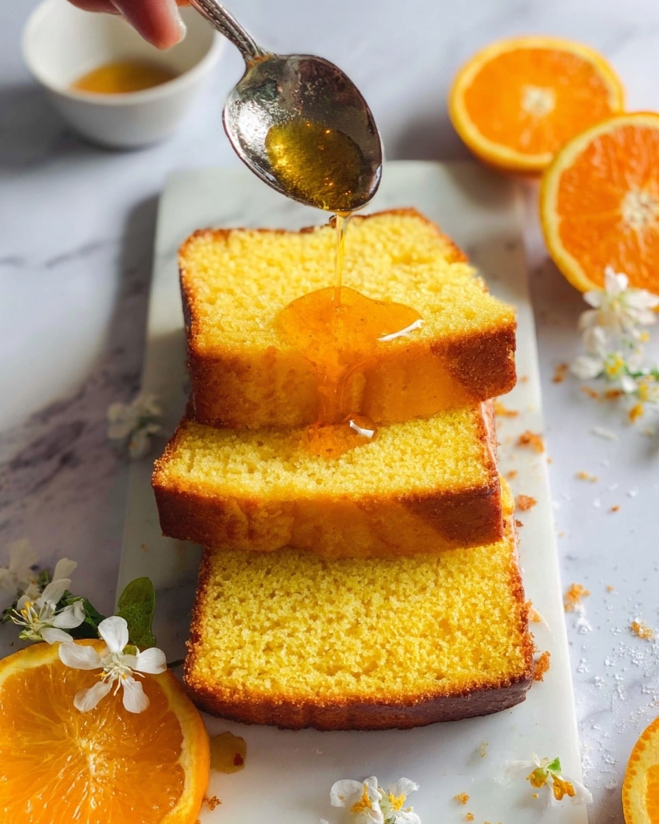 Three slices of yellow-orange cake with a soft, spongy texture are stacked slightly overlapping on a white marble surface. The top slice is being drizzled with shiny orange syrup from a silver spoon held by a woman's hand. Around the cake are halved fresh oranges showing bright orange segments and a few small white flowers next to the slices, creating a fresh and inviting look. The photo taken with an iphone --ar 4:5 --v 7