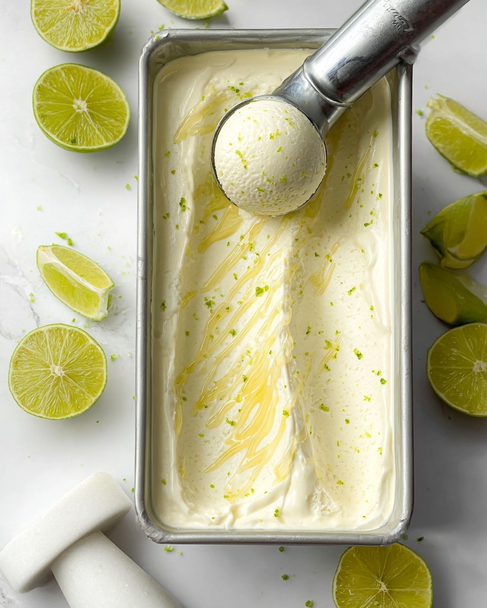 A rectangular metal container holds a creamy white ice cream with small green lime zest specks mixed inside, and a light yellow syrup drizzled in thin wavy lines on one side. A silver ice cream scoop with a round ball of the same ice cream rests on top of the container. Around the container on a white marbled surface are several lime halves and wedges, adding bright yellow-green color. A white marble scoop rest is visible near the bottom left corner. photo taken with an iphone --ar 4:5 --v 7