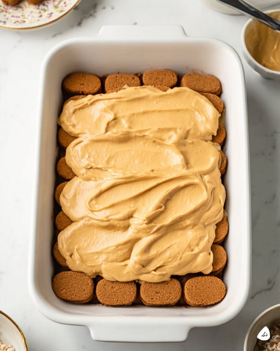 A white rectangular baking dish filled with a layered dessert. The bottom layer shows a row of brown biscuit-like pieces tightly packed to cover the base. On top of this, there is a thick, smooth, light tan or caramel colored creamy layer spread unevenly but generously, covering most of the biscuits underneath. The dish is placed on a white marbled surface with partial views of some small bowls and a woman's hand holding a utensil at the top right corner. Photo taken with an iphone --ar 4:5 --v 7