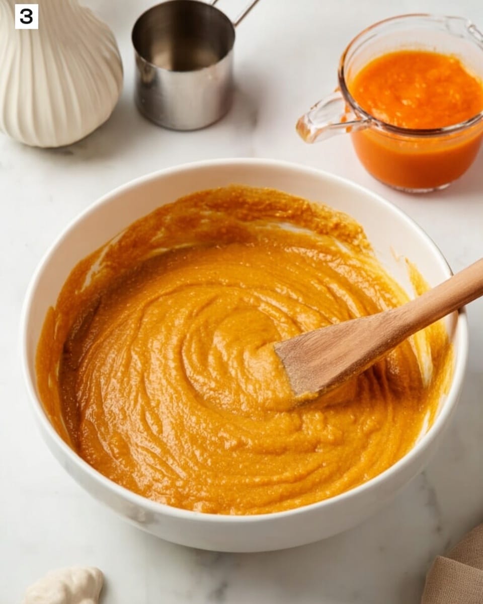 A white bowl is filled with a thick, smooth orange batter. A wooden spoon is inside the batter, partly covered in it. Next to the bowl, there is a small glass container holding bright orange puree. Other kitchen items, like a metal measuring cup and a white ceramic container, are in the background on a white marbled surface. photo taken with an iphone --ar 4:5 --v 7
