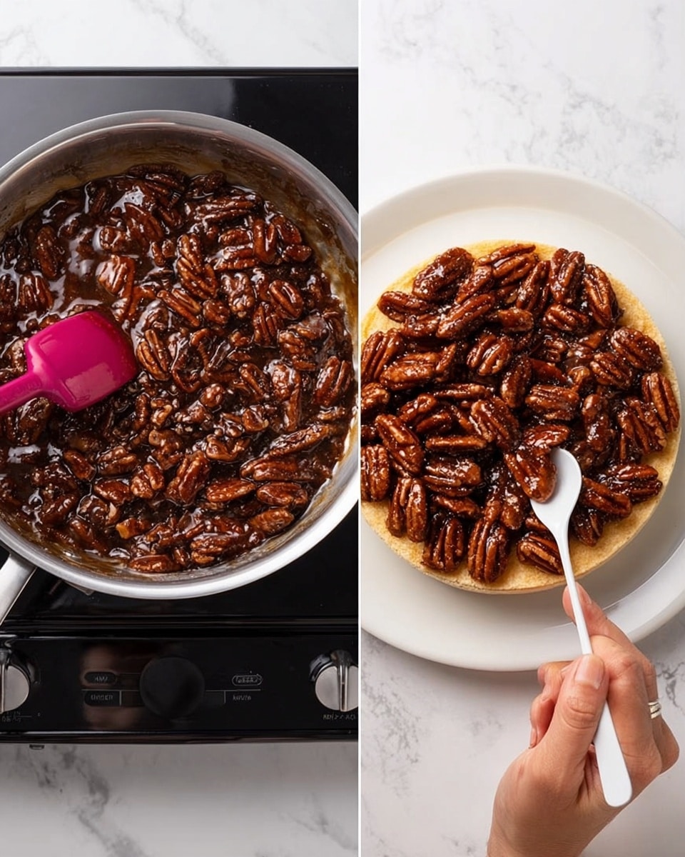 The image shows two parts: on the left, a silver pan filled with glossy, dark brown caramel-coated pecans, with a pink spatula stirring them on a black stovetop; on the right, a white plate with a light brown crust base topped with a pile of shiny caramel pecans, a woman's hand holding a white spoon spreading them evenly, all set on a white marbled surface. photo taken with an iphone --ar 4:5 --v 7