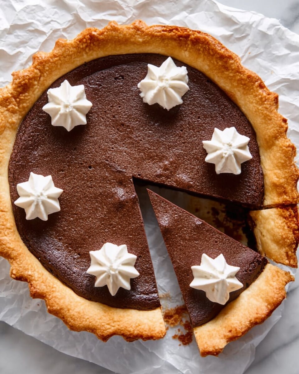 A round pie with a thick, golden brown crust forming a high border surrounds a dense, dark brown chocolate filling that has a slightly cracked surface. Five small dollops of white whipped cream are evenly spaced on top of the chocolate layer, resembling soft star shapes. One triangular slice is cut and slightly pulled out to the right side, showing a thin, glossy layer beneath the chocolate. The pie rests on crumpled white parchment paper over a white marbled surface photo taken with an iphone --ar 4:5 --v 7
