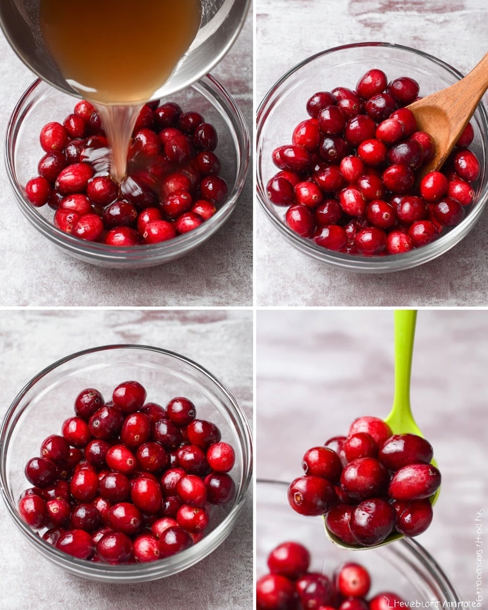 A clear glass bowl is shown on a white marbled surface, filled with small, round, shiny red cranberries. In the second part, a silver container pours a light brown liquid over the cranberries, partially covering them. In the next part, a wooden spoon with a bright green silicone head stirs the cranberries and liquid, mixing the red and glossy textures with the smooth green of the spoon. The last part shows a silver spoon holding up several cranberries above the bowl, highlighting their glossy, deep red skin and small size. Photo taken with an iphone --ar 4:5 --v 7