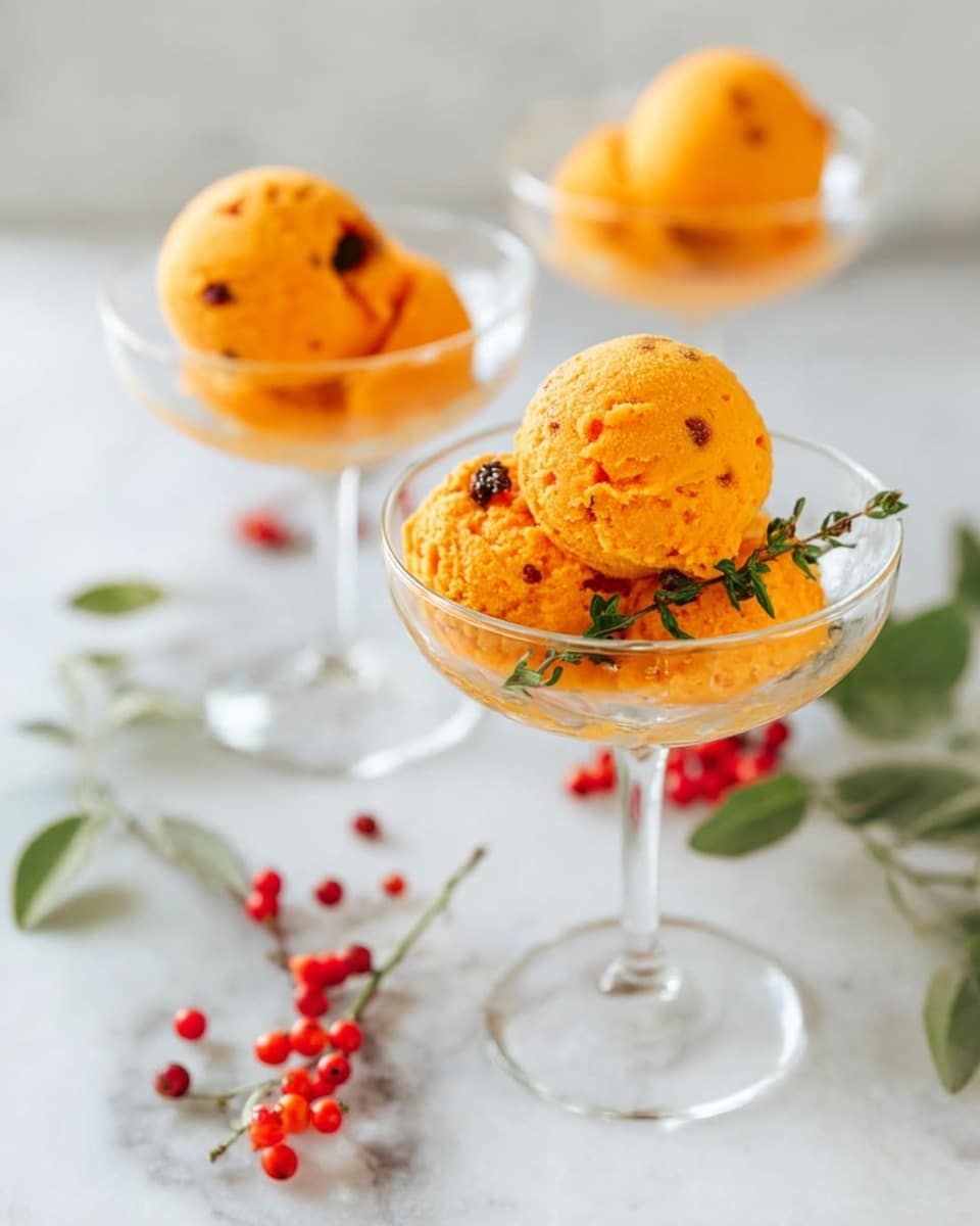 The image shows three clear glass dessert glasses on a white marbled surface, each holding two round scoops of bright orange sorbet with a rough texture. The sorbet scoops have small dark specks on top, and the glass in the front has a small green herb garnish placed between the scoops. Around the glasses on the surface are scattered small bright orange and red berries, along with a few green leaves. The overall look is fresh and vibrant with a clean, bright background. photo taken with an iphone --ar 4:5 --v 7