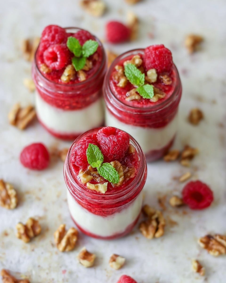 Three small glass jars are filled with two layers: a creamy white layer at the bottom and a thick red raspberry layer on top. Each jar is decorated with fresh whole raspberries, small pieces of walnuts, and bright green mint leaves placed centrally on the top layer. The jars sit on a white marbled textured surface scattered with walnut pieces and raspberries around them. Photo taken with an iphone --ar 4:5 --v 7