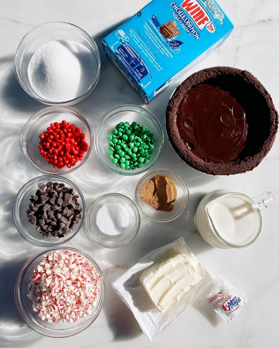The image shows a collection of ingredients on a white marbled surface ready for making a chocolate dessert. There is a dark brown chocolate crust with a rough texture placed at the top right. Below it, there is a bright blue box of chocolate pudding mix. Around it, there are several clear glass bowls holding different ingredients: white powdered sugar with a smooth texture, red and green small candy pieces, semi-sweet chocolate chips that are dark brown and shiny, crushed peppermint candy showing white and red swirls, creamy white sour cream, and a small bowl with ground cinnamon which is light brown. There is also a small glass pitcher filled with white milk, a clear small bowl with a transparent liquid, and a white cream cheese block partially wrapped in paper. Finally, a small Nestle packet is seen at the bottom right. The whole scene is brightly lit with natural sunlight, casting soft shadows. photo taken with an iphone --ar 4:5 --v 7